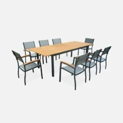 Table De Jardin Extensible Bois Et Aluminium, 8 Chaises Couleur : Anthracite / Gris Taupe -Maison Meubles ECXTS250R8AT 01