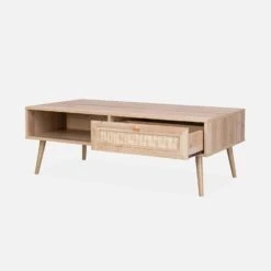 Table Basse Scandinave En Cannage, 1 Tiroir Couleur : Naturel -Maison Meubles IBOCOFTABLE 02