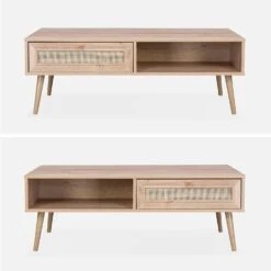 Table Basse Scandinave En Cannage, 1 Tiroir Couleur : Naturel -Maison Meubles IBOCOFTABLE 03