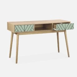 Console Effet Bois Naturel 2 Tiroirs Couleur : Vert D'eau -Maison Meubles IMKDESK120GW 02