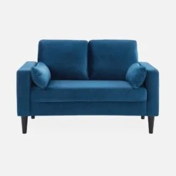 Canapé 2 Places Vintage Velours Pieds Bois D'hévéa Couleur : Bleu -Maison Meubles ISOF2VVBD 02