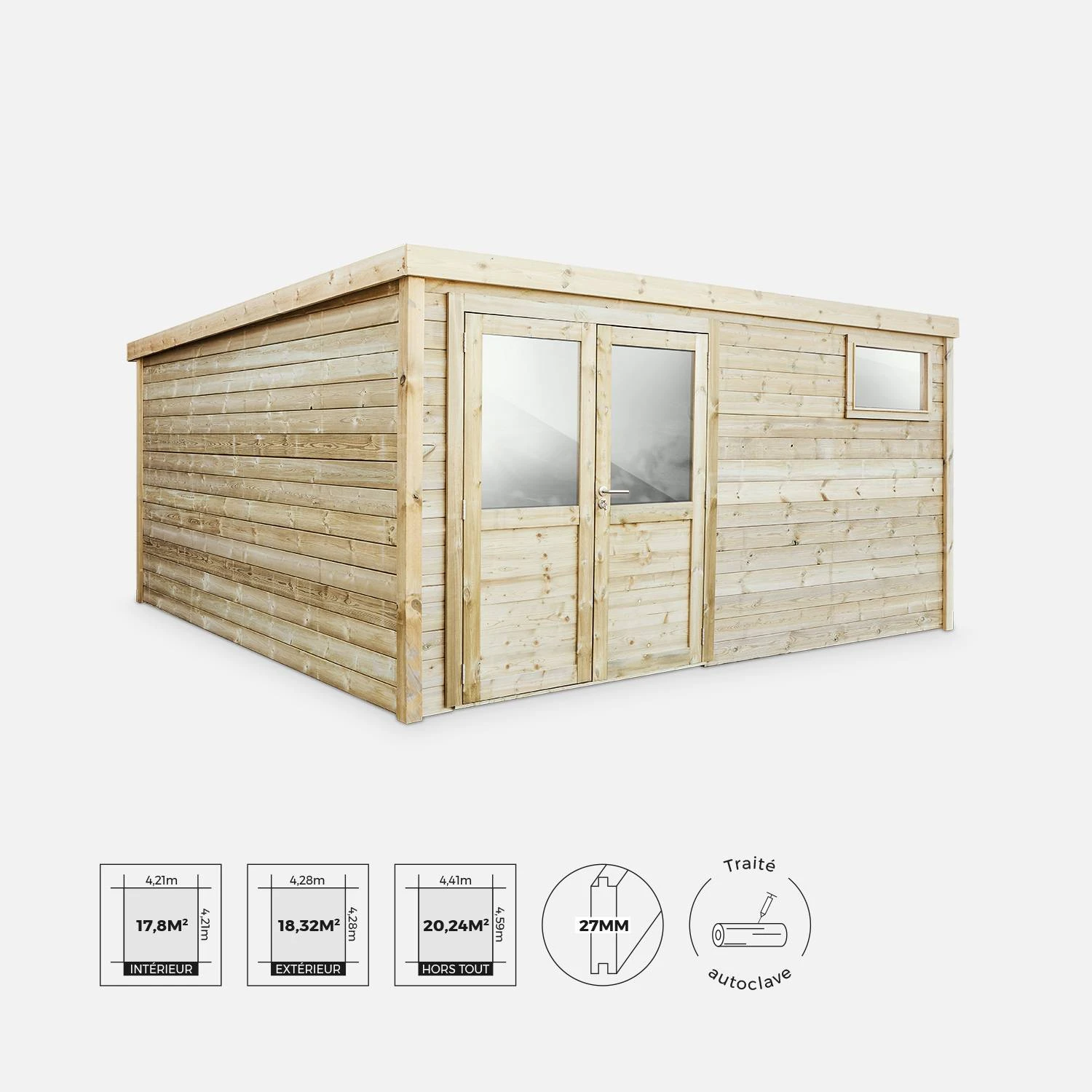 Abri De Jardin Bois 20,3m², Sapin Du Nord Traité Autoclave Ep.27mm 2 Abri De Jardin Bois 20,3m², Sapin Du Nord Traité Autoclave Ep.27mm – Image 2