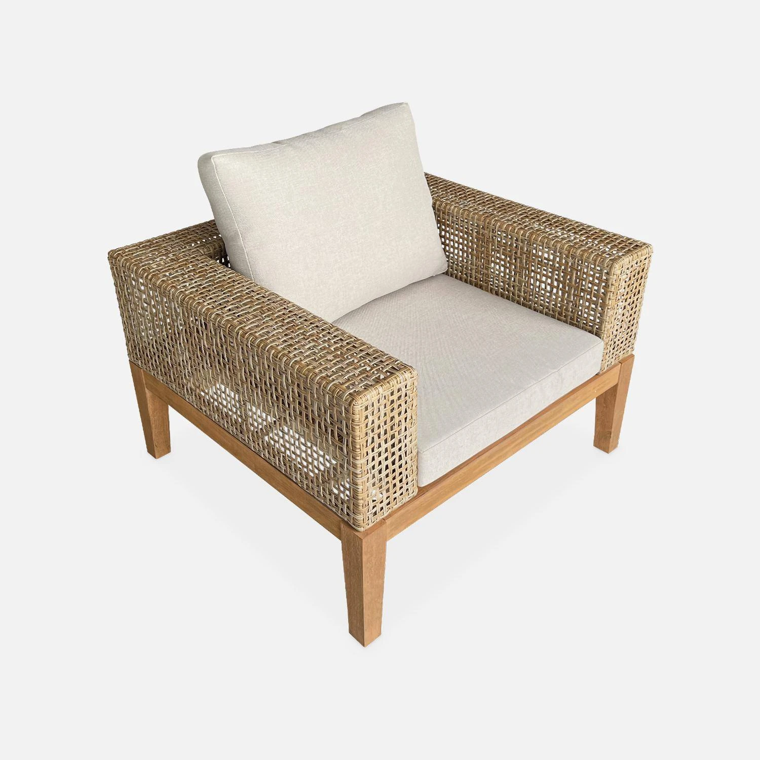 Salon De Jardin Cannage Et Bois 4 Places, Beige Couleur : Teck 6 Salon De Jardin Cannage Et Bois 4 Places, Beige Couleur : Teck – Image 6