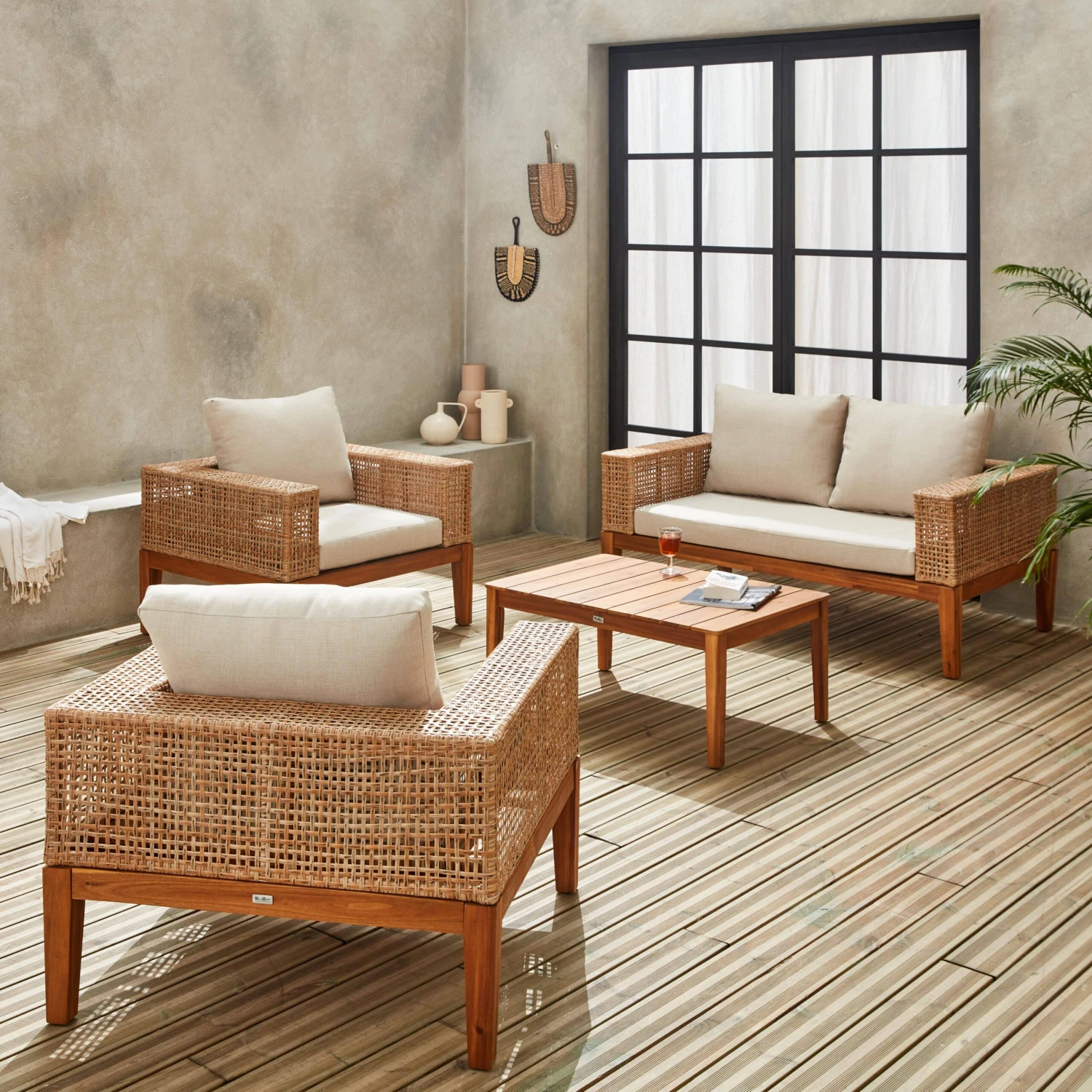 Salon De Jardin Cannage Et Bois 4 Places, Beige Couleur : Teck 2 Salon De Jardin Cannage Et Bois 4 Places, Beige Couleur : Teck – Image 2