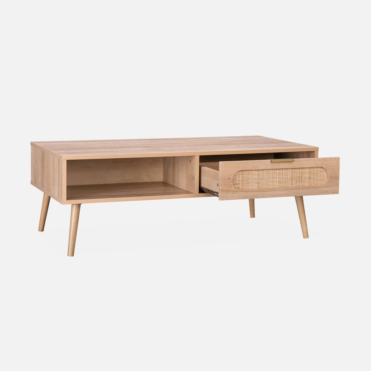 Table Basse Scandinave En Cannage Arrondi, 1 Tiroir 4 Table Basse Scandinave En Cannage Arrondi, 1 Tiroir – Image 4