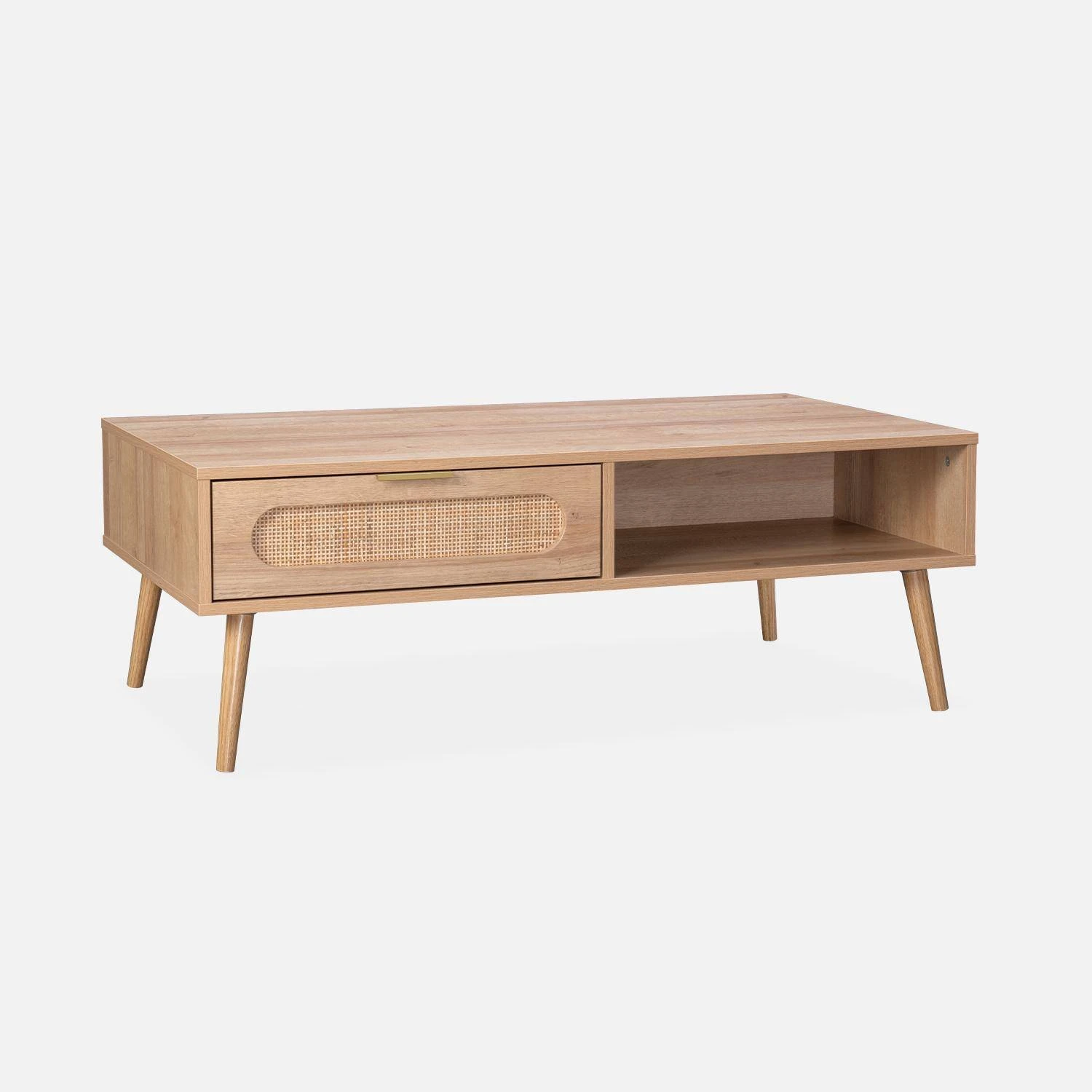 Table Basse Scandinave En Cannage Arrondi, 1 Tiroir 1 Table Basse Scandinave En Cannage Arrondi, 1 Tiroir
