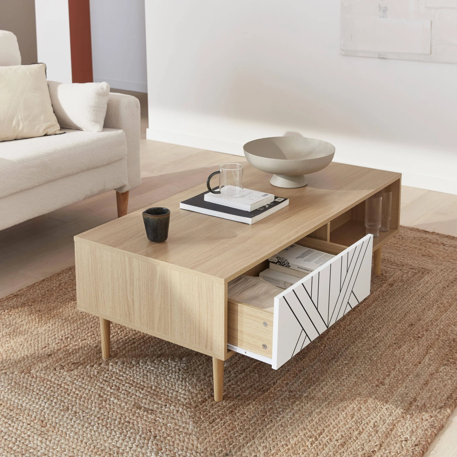 Table Basse Effet Bois Naturel Couleur : Blanc 2 Table Basse Effet Bois Naturel Couleur : Blanc – Image 2