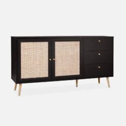 Buffet Scandinave Effet Bois Et Cannage 2 Portes 150 Cm Couleur : Noir -Maison Meubles IBOSIDEBOAXLBK 01
