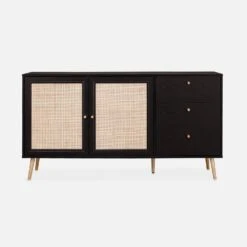 Buffet Scandinave Effet Bois Et Cannage 2 Portes 150 Cm Couleur : Noir -Maison Meubles IBOSIDEBOAXLBK 02