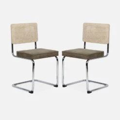 Chaise Cantilever Tissu Et Effet Rotin (lot De 2) Couleur : Taupe -Maison Meubles ICHRMJTPX2 02