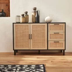 Buffet Scandinave Effet Bois Et Cannage 2 Portes 120 Cm