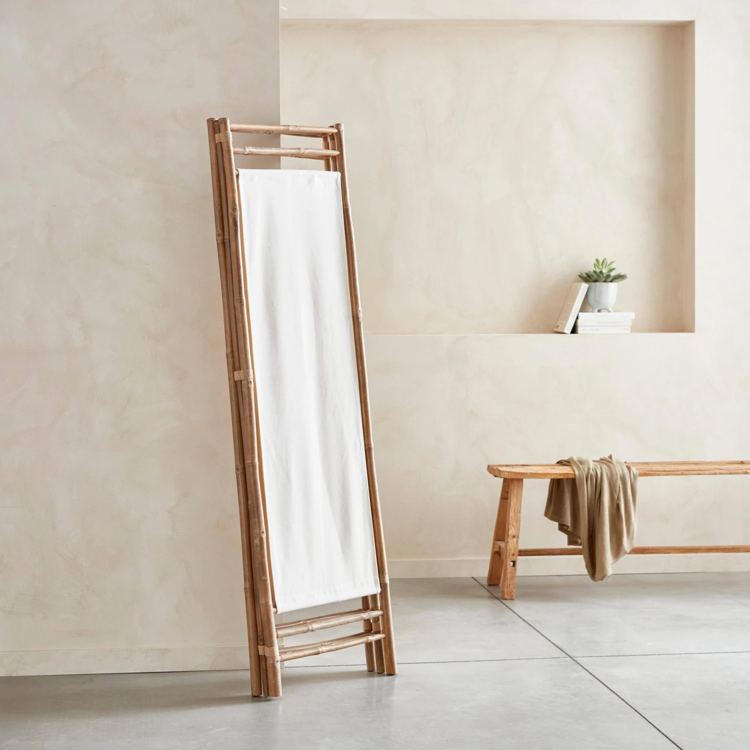 Paravent Pliable Bambou Et Toile Blanche 3 Paravent Pliable Bambou Et Toile Blanche – Image 3