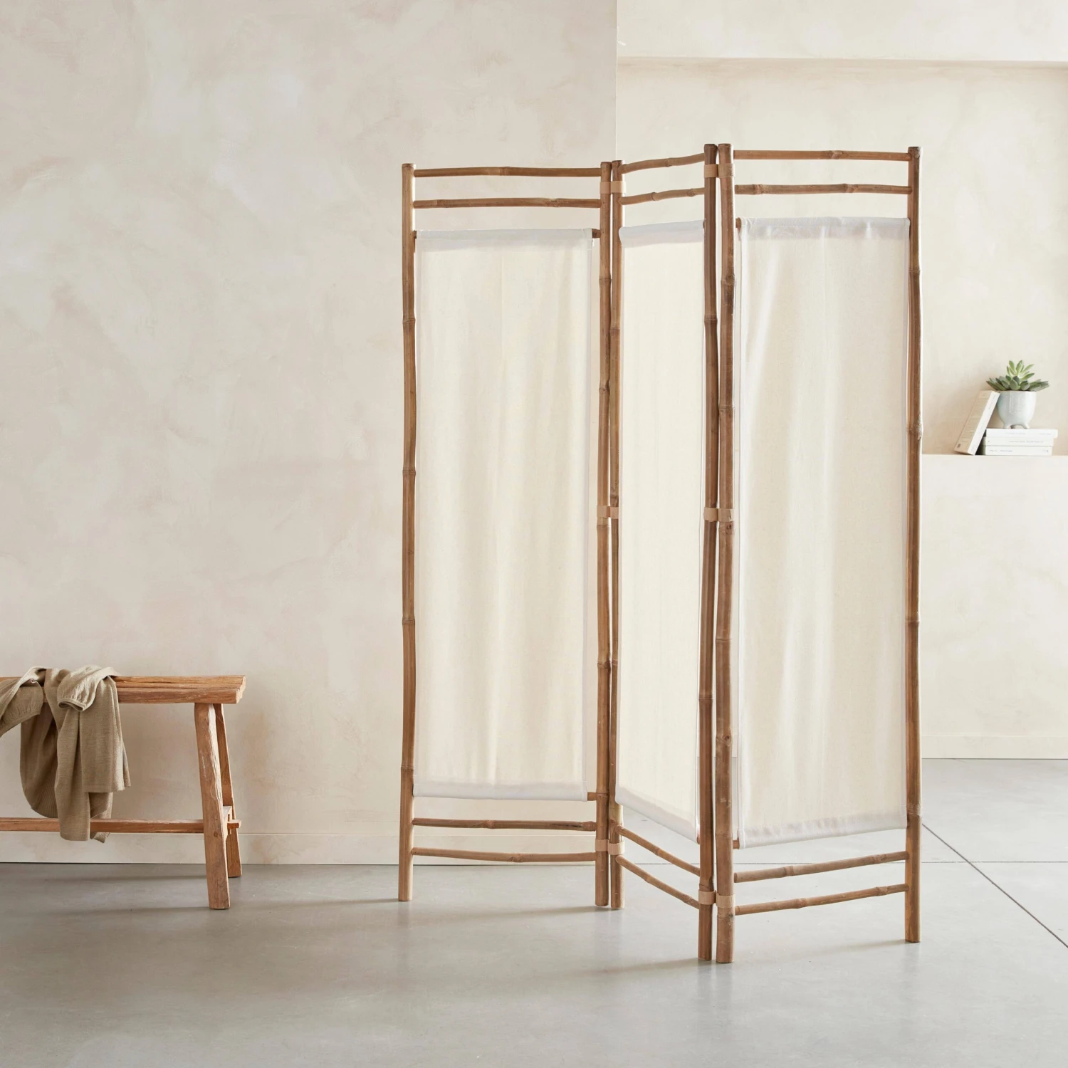 Paravent Pliable Bambou Et Toile Blanche 2 Paravent Pliable Bambou Et Toile Blanche – Image 2