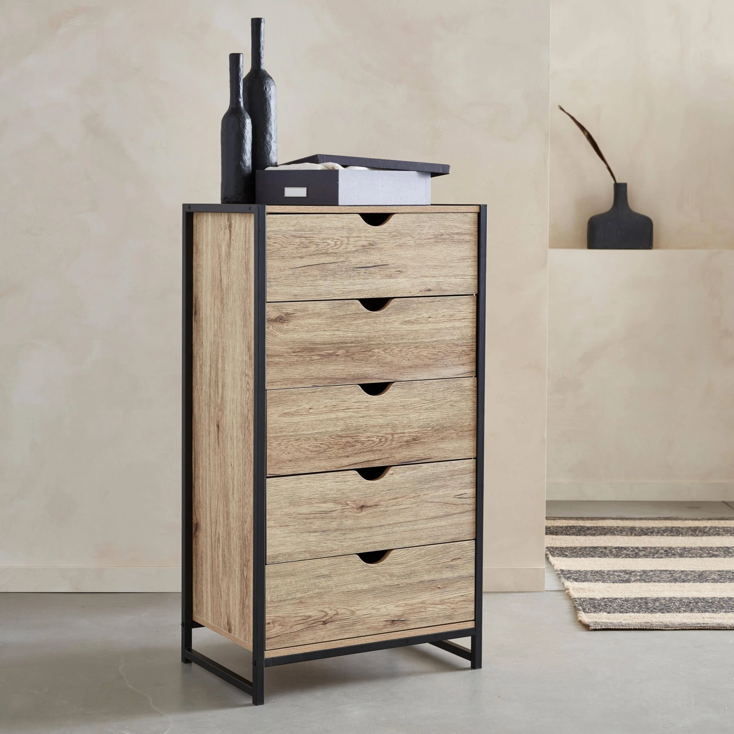 Commode Industrielle Effet Bois Et Métal 5 Tiroirs 2 Commode Industrielle Effet Bois Et Métal 5 Tiroirs – Image 2